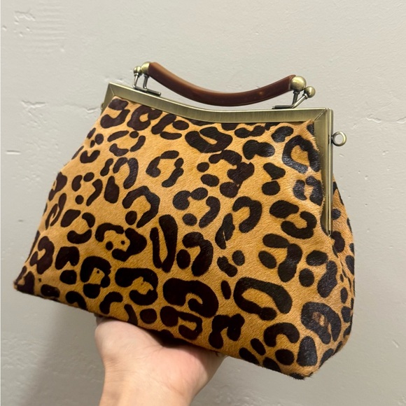 Leopard Print Real Hair-on Horsehide Handmade Top Handle Double Kisslock Handbag - Picture 12 of 15